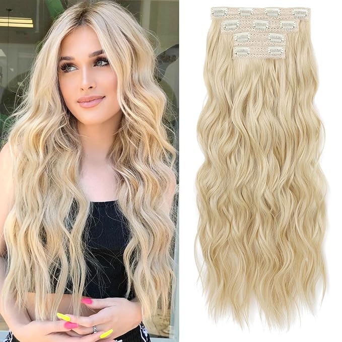 REECHO Clip in Hair Extensions, 4PCS Blonde Hair Extensions 24" Thick Long Beach Waves hair extensions HE003 Invisible Lace Weft Natural Soft Hairpieces for Women – Natural Blonde