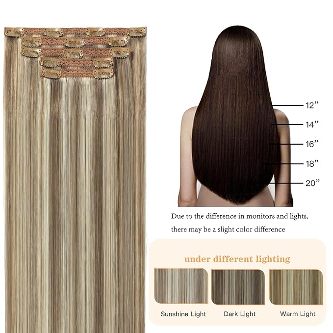 Clip in Human Hair Extensions 5 Pcs Remy Highlights Hair Extensions Clip ins Ash Brown Highlights Platinum Blonde Real Hair Extensions 12 Inch 80g Clip on Hair Extensions