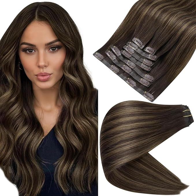 Full Shine Brown Balayage Hair Extension Clip ins Short Clip in Hair Extensions 12 Inch Dark Brown to Light Brown with Blonde Remy Hair for Daily Wear 8 PCS 95G