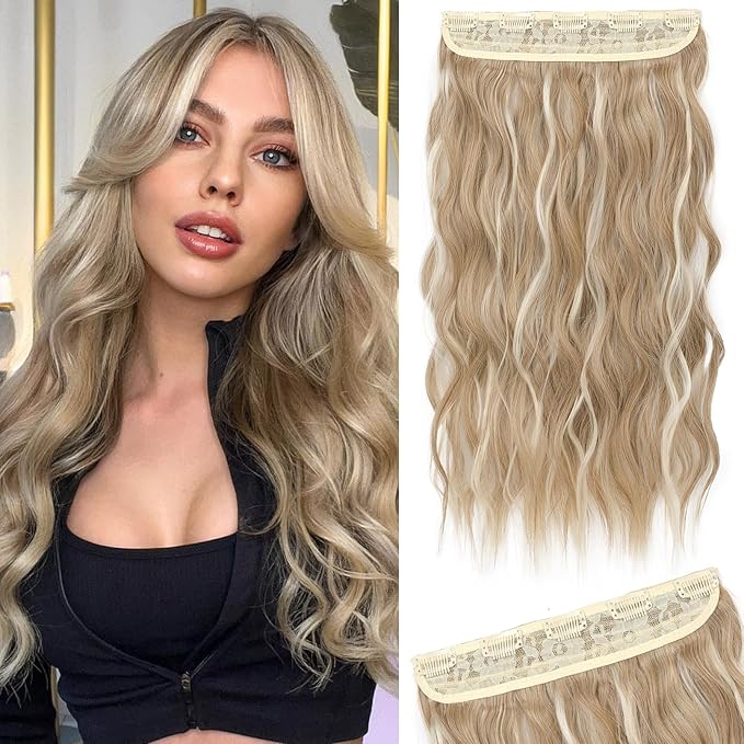 REECHO Clip in Hair Extensions, 20” One Piece Hair Extension Clip in Wefts Long Thick Beach Wavy Natural Soft Synthetic Hairpieces for Women, Medium Blonde with Highlights