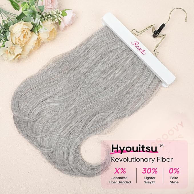 REECHO Clip-in Hair Extensions, 4PCS Lace Weft, 14" Short Wavy, Invisible, Natural Soft Hairpieces, Silver Grey