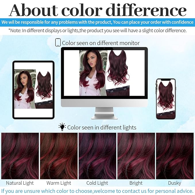 KooKaStyle Invisible Wire Hair Extensions Long Wavy Layered Synthetic Hair Extensions with Transparent Wire Adjustable Size 6 Secure Clips Ombre Burgundy mix Black Hairpieces for Women 16 Inch
