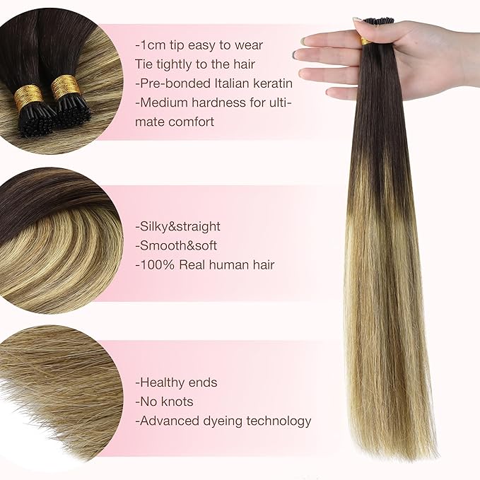 GOO GOO I Tip Hair Extensions, Real Human Hair, 14inch 50g 100S, Cold Fusion I Tip, Invisible Remy, 2/6/18 Balayage Brown to Dirty Blonde