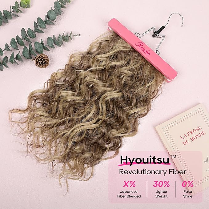 REECHO Curly Hair Extensions, 4PCS 16 inch Clip in Hair Extensions Lace Weft Short Curly Hair Extension Clip Ins Invisible Natural Hairpieces for Women, Light Brown with Blonde Highlights