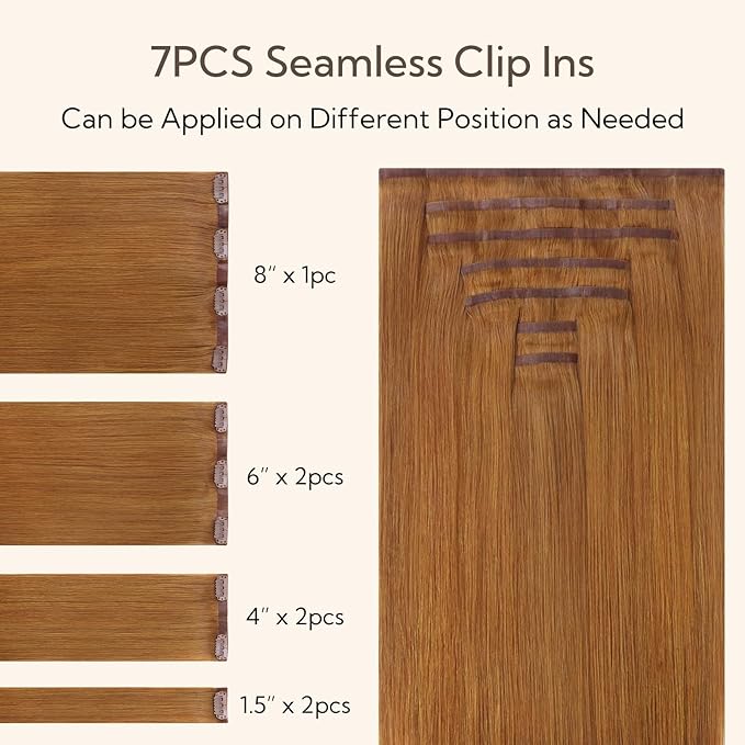 HOTBANANA Seamless Clip in Hair Extensions, 20 Inch 140g 7pcs Auburn Ginger Invisible PU Skin Weft Straight Remy Human Hair Extensions