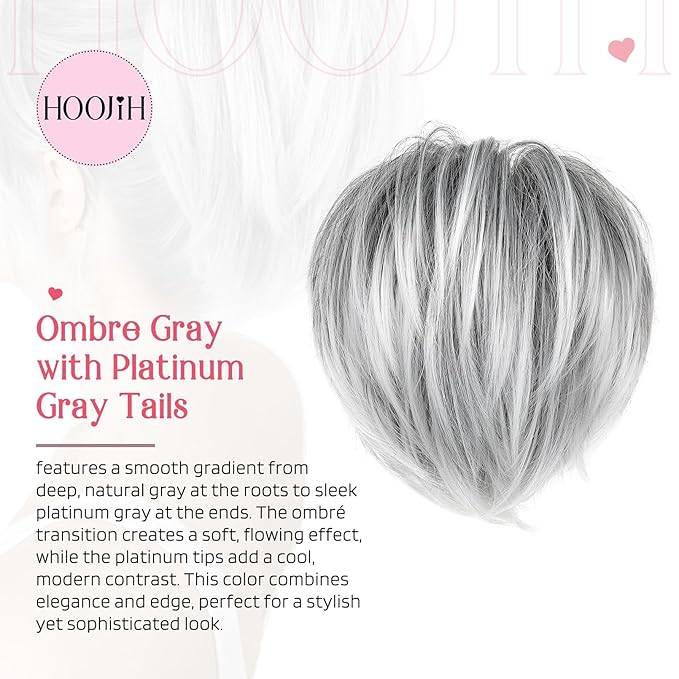 HOOJIH Ponytail Extension, Claw Clip in Straight Messy Hair Bun - 9 Inch Short Ponytail with Bendable Metal Wire Hair Pieces for Women - Fake Hair Bun - Ombre Gray with Platinum Gray Tails