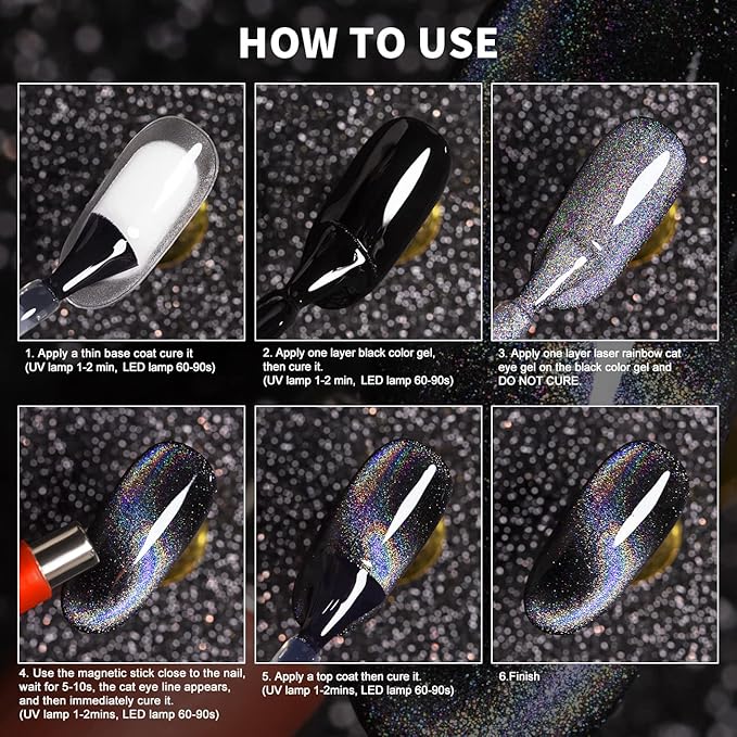 RARJSM Silver Holographic Glitter Gel Cat Eye Gel Nail Polish, Gelpolish Galaxy Rainbow Effect Universal Without Magnet Soak Off U V L E D DIY Manicure Art for Salon Designs and Home DIY 7.5ML