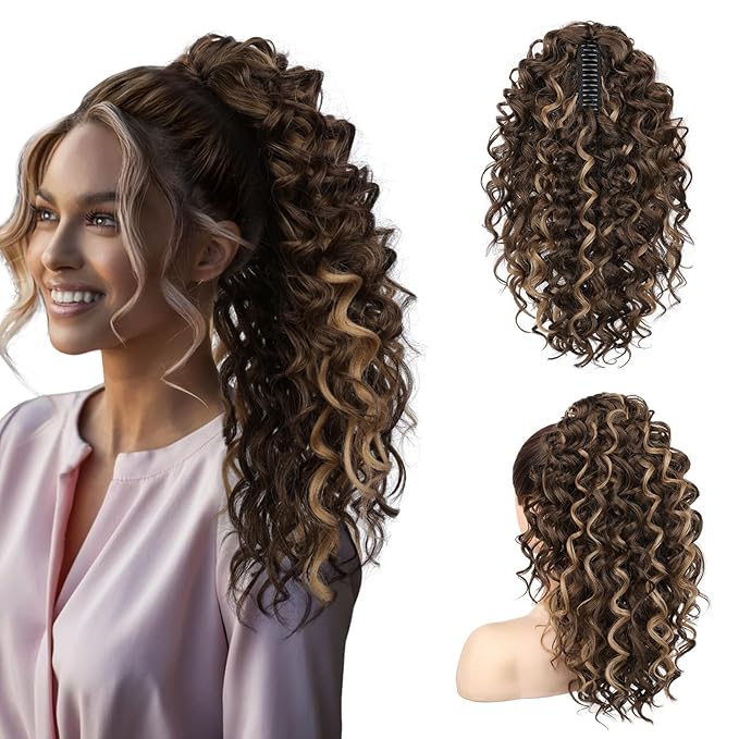 SEIKEA Ponytail Extension, 18" Claw Clip Ponytail Extension Wavy Curly Jaw Clip in Ponytail Hair Extensions Fluffy Natural Soft Fake Pony Tails Synthetic Hairpiece Chocolate Brown with Highlights