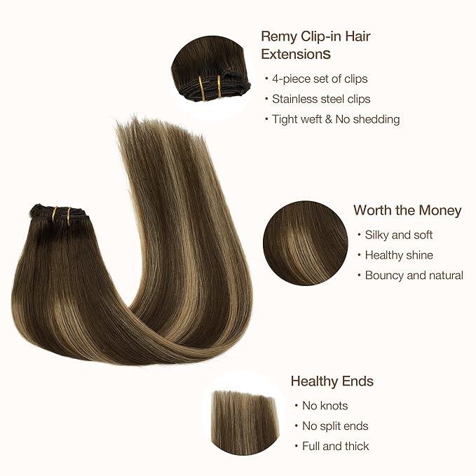 GOO GOO Clip in Hair Extensions Real Human Hair, Remy Human Hair Extensions Clip ins for Women, Natural Human Hair, 16inch 65g 4Pcs, 4/27/4 Balayage Chocolate Brown to Caramel Blonde