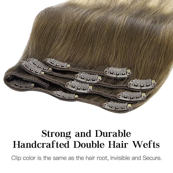 HOTBANANA Human Hair Clip in Hair Extensions, Ombre Walnut Brown to Ash Brown and Bleach Blonde 120g Clip in Hair Extensions Real Human Hair Straight Remy Hair Clip Ins 22 Inch 7pcs