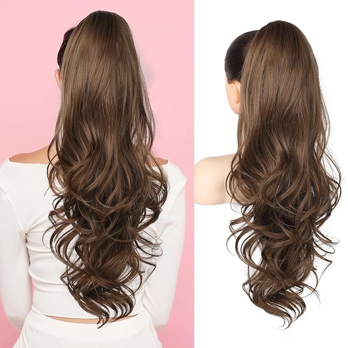 Flufymooz 26" Ponytail Extension, Long Wavy Curly Claw Clip in Ponytail Hair Extensions, Natural Synthetic Hairpiece for Women Daily Wear(Medium Brown with Medium Auburn)