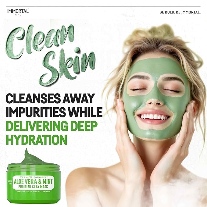 Immortal NYC Aloe Vera & Mint Purifier Clay Mask – Face Mask for Matte Look Skin, Oil Control, Deep Cleansing & Refreshing Skincare. Great Gifts For Women & Men – 10 oz