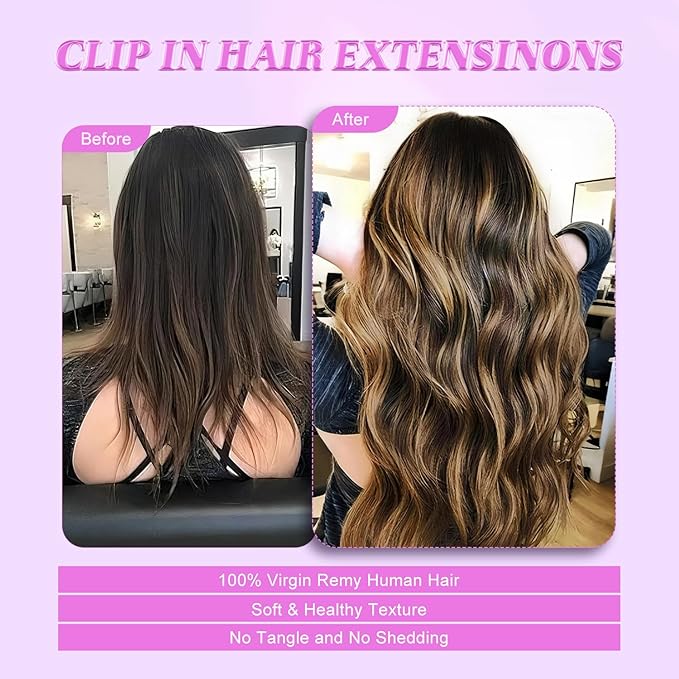 Clip in Hair Extensions Real Human Hair 8pcs Per Set with Double Weft 100% Seamless Hair Extensions for Women #Dark Brown Highlight Chestnut Brown 24inch 120g/4.2oz