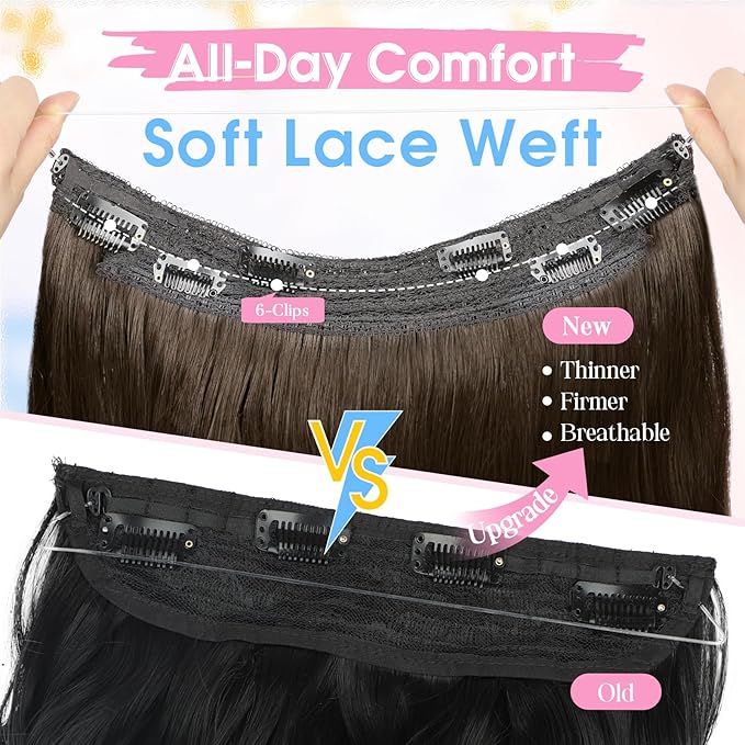 Invisible Wire Hair Extensions with Transparent Wire Adjustable Size 4 Secure Clips Long Wavy Secret Hairpiece 20 Inch for Women(Medium Brown)