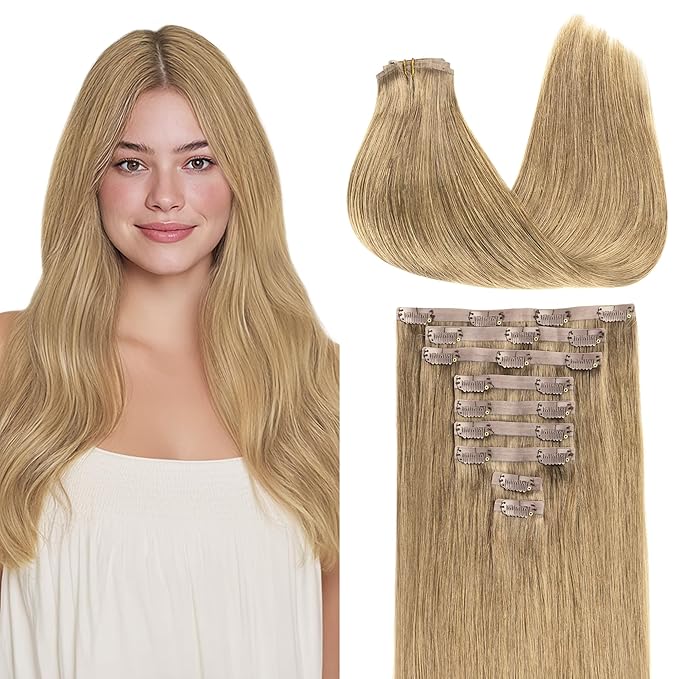 GOO GOO Clip in Hair Extensions Real Human Hair, Remy Human Hair Extensions Clip ins for Women, Natural Human Hair, 14inch 130g 9Pcs, 7 Bronde