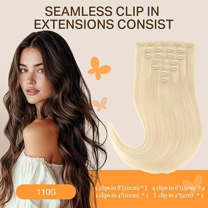 DOORES Hair Extensions, Bleach Blonde 14 Inch 7pcs 110g, Clip in Hair Extensions Seamless Clip ins Remy Invisi Edge