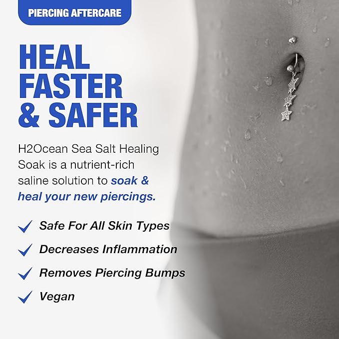 H2Ocean Healing Soak Piercing & Wound Sea Salt Bath - Sea Salt Saline Solution for Piercing & Wound Care - Soothing Aftercare for Body Piercings - 4 oz