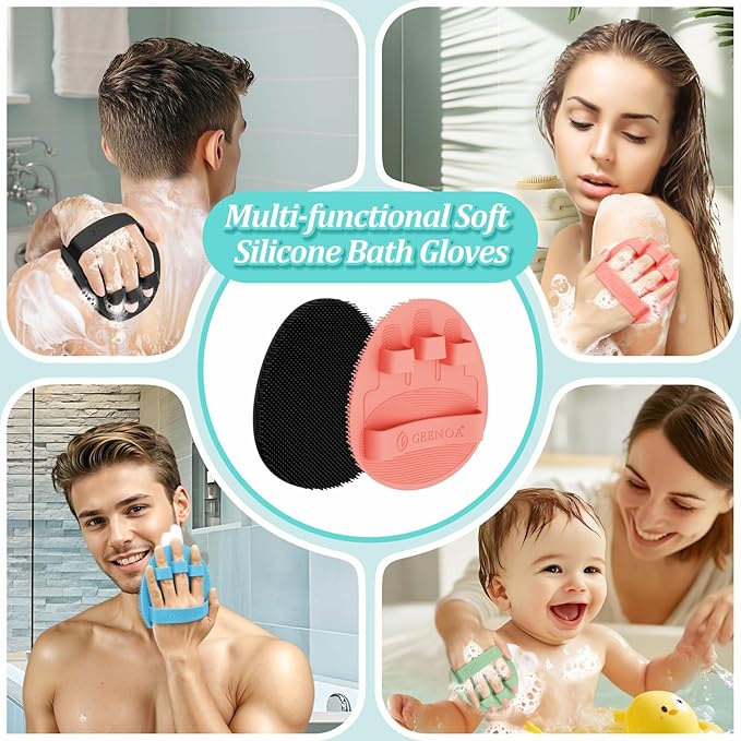 Soft Silicone Bath Gloves 4PCS, 360° Anti-Slip & Enlarged Silicone Body Scrubber for Rich Foaming Deep Cleaning, Revolutionary No-Grip & Hand-fit Shower Scrubber for All Skin Types.(4-Color)