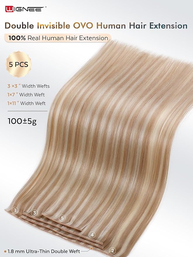 WIGNEE OVO Double Butterfly Strawberry Highlight Blonde Weft Human Hair Extensions 20 Inch Real Remy Hair,100g Glueless Micro Bead Double Weft,Seamless Soft Silky Hair Extensions (18/60A)