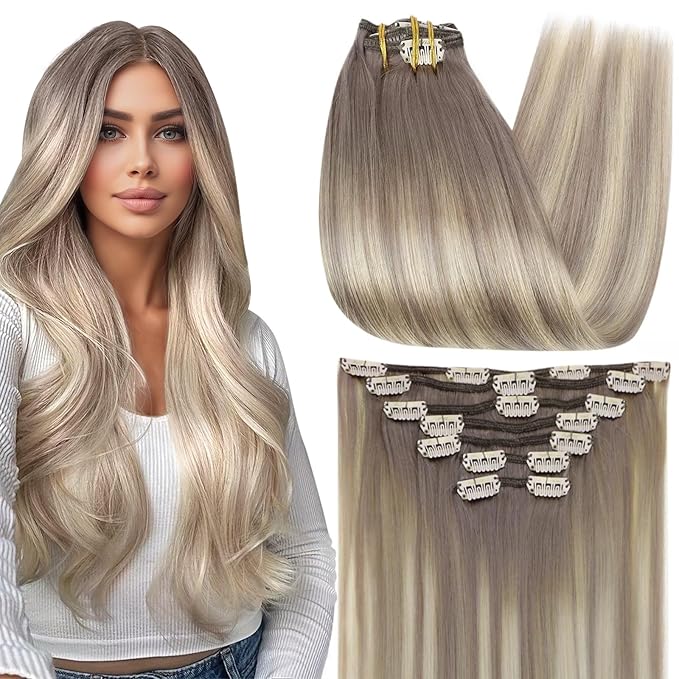 Full Shine Short Clip in Hair Extensions Human Hair Grey Blonde 12 Inch Double Weft Clip in Extensions for Women Balayage Remy Hair Extensions Real Human Hair 7 Pcs 95 G