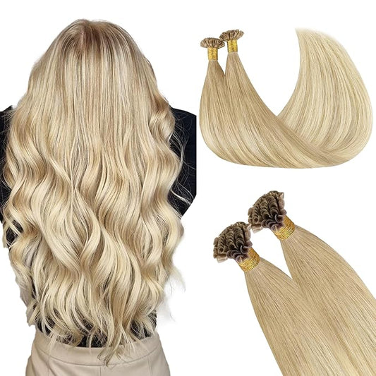 GOO GOO U Tip Hair Extensions Real Human Hair, 18inch 50g 50S, Hot Fusion U Tip Hair Extensions, Invisible Remy Hair Extensions, 18ET90A Natural Blonde Balayage