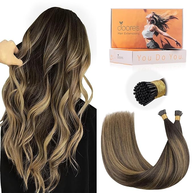 DOORES I Tip Hair Extensions Human Hair,14 Inch 100g 200s Itip Human Hair Extensions,Chocolate Brown to Caramel Blonde I Tip Hair Extensions,Virgin Human Hair Extensions