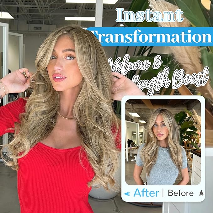KooKaStyle Invisible Wire Hair Extensions Long Wavy Layered Synthetic Hairpieces with Transparent Wire Adjustable Size 6 Secure Clips Light Blonde Mixed Bleach Blonde for Women 20 Inch