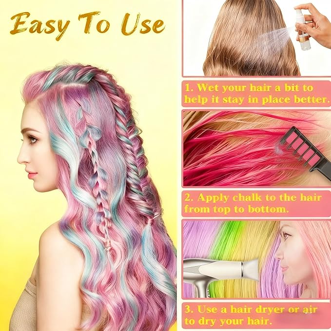 10 Colors Hair Chalk Combs Set with Gloves, Disposable Cape & Shawl, Temporary Washable Hair Color for Teens & Adults, Easy-Apply Comb Design for Cosplay, Party & New Year Styling