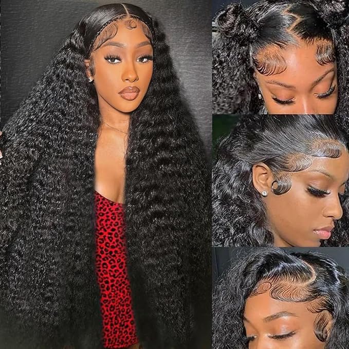13x6 HD Deep Wave Lace Front Wigs Human Hair 31 Inch, 200% Density Glueless Pre Plucked Lace Frontal Wig for Women with Baby Hair, Deep Curly Wig Natural Black