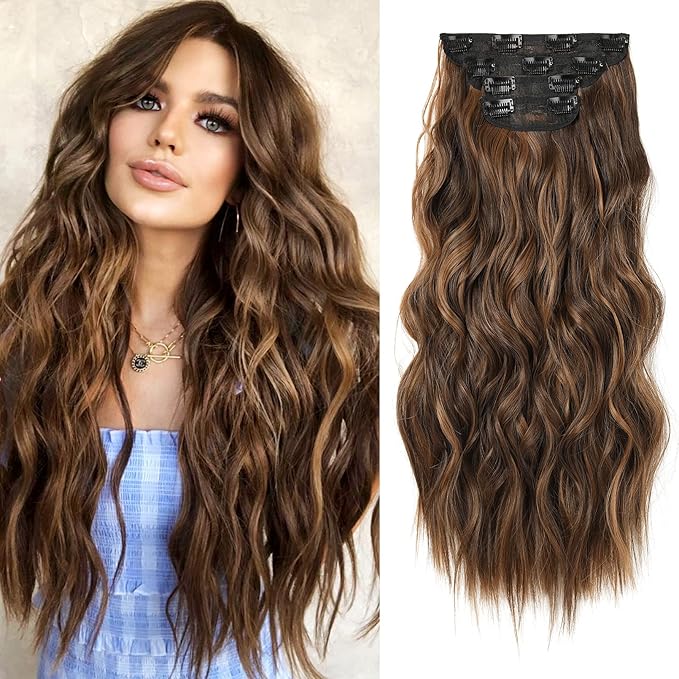 REECHO Hair Extensions, 4PCS Clip in Hair Extensions HE001 Natural Soft Synthetic Hairpieces for Women, Chocolate Brown with Golden Highlights