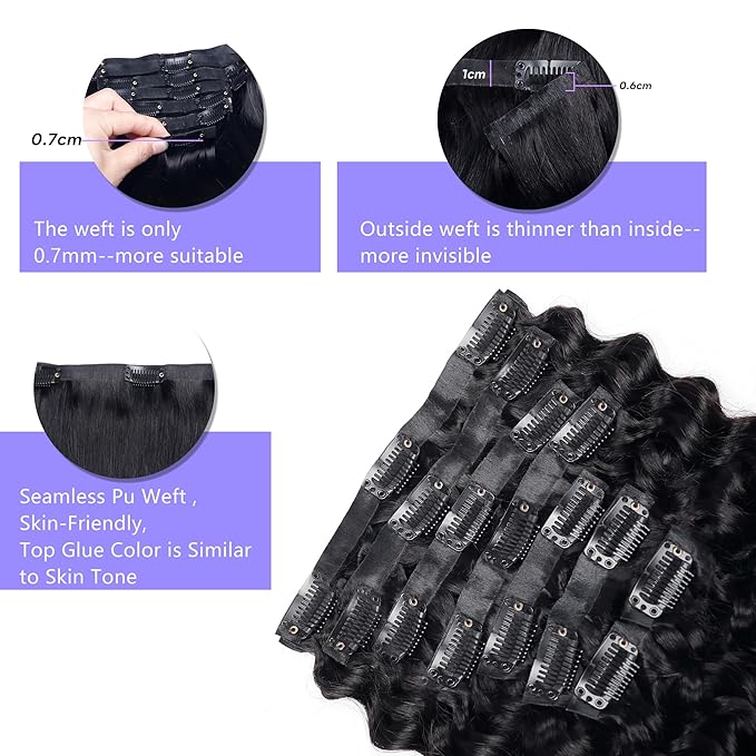 Seamless Clip in Hair Extensions Human Hair Deep Wave Clip ins for Black Women 8Pcs Brazilian Virgin Human Hair Clip in Extensions PU Skin Weft 18Clips 120g 16inch Natural Black