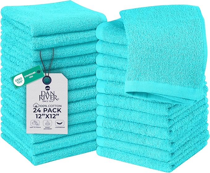 DAN RIVER 24 Pack Wash Cloths for Showering [12x12] - 100% Cotton Washcloths Premium Quality Flannel Face Cloths for Bathroom, Highly Absorbent and Soft Feel Wash Clothes, Aqua
