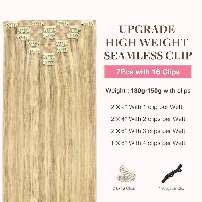 GOO GOO Clip in Hair Extensions Real Human Hair, Remy Human Hair Extensions Clip ins for Women, Natural Human Hair, 16inch 130g 7Pcs, 18D/22F Dirty Blonde Highlights