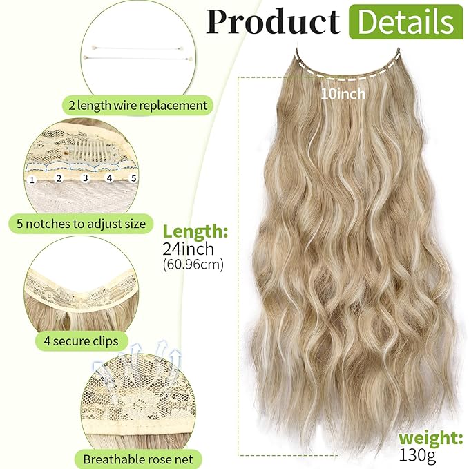 KooKaStyle Invisible Wire Hair Extensions with Transparent Wire Headband Adjustable Size 4 Secure Clips Long Wavy Hairpiece for Women(Beige Blonde mix Lvory Blonde Highlights 24inch)