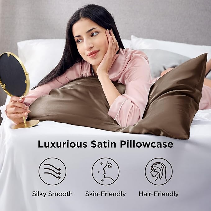 Bedsure King Size Satin Pillowcase Set of 2 - Brown Silky Pillow Cases for Hair and Skin with Envelope Closure, Similar to Silk Pillow Cases, Gifts for Women Men, 20x36 Inches, 2pcs