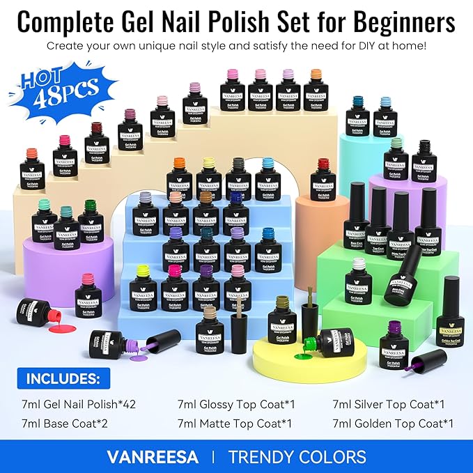 VANREESA 48 Pcs Gel Nail Polish Set 42 Colors Spring Summer Fall Winter Gel Polish with 2 Pcs Base Coat Glossy & Matte & Silver & Golden Top Coat Nail Kit Gifts for Women Girls Nail Art Salon at Home
