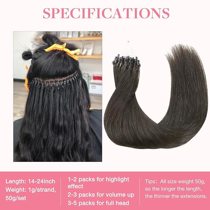 GOO GOO Micro Link Tip Hair Extensions Real Human Hair, 22inch 50g 50S, Cold Fusion Micro Link Tip Hair Extensions, Invisible Remy, 1C Mocha Brown