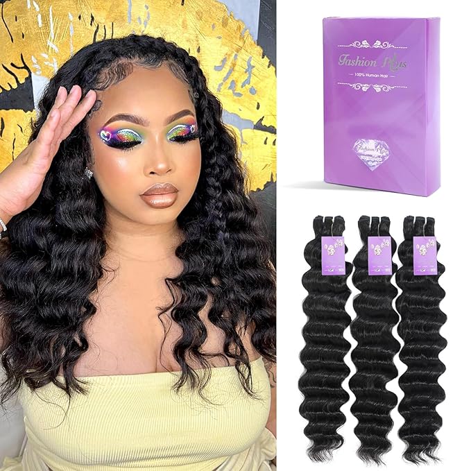 FASHION PLUS Raw Human Hair Bundles, Loose Deep Wave12 14 16 Inch Loose Wave Bundles Human Hair Real Raw Hair Thick and Soft, Triple Lifespan