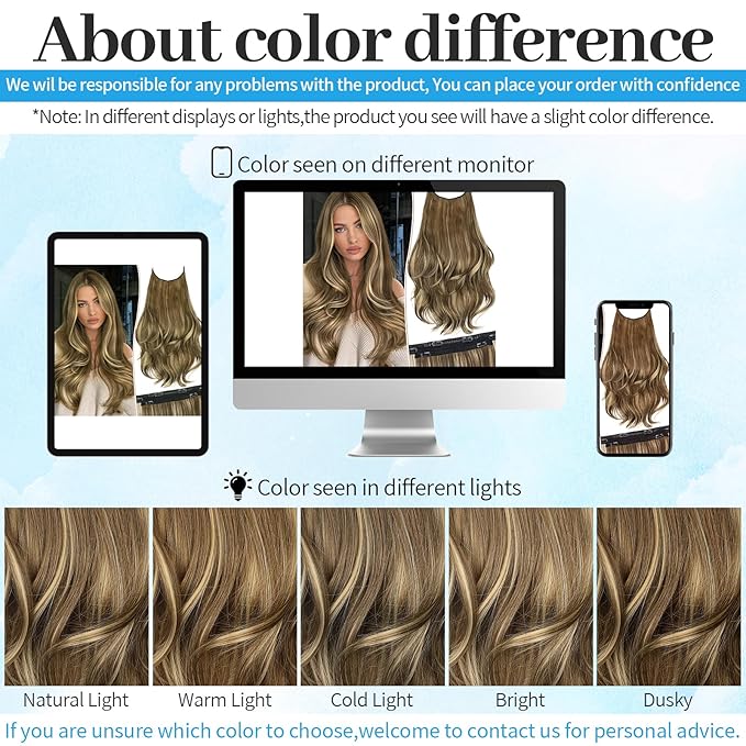 KooKaStyle Invisible Wire Hair Extensions Long Straight Layered Synthetic with Transparent Wire Adjustable Size 6 Secure Clips Hairpieces for Women 20 Inch (20 Inch, Light Brown with Caramel Blonde)