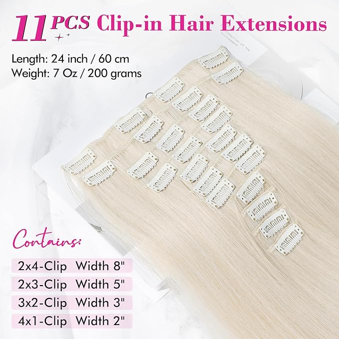 REECHO Hair Extensions, 11PCS Clip in Hair Extensions 24" Long Straight hair extensions HE005 Natural Soft Synthetic Hairpieces for Women – Platinum Blonde