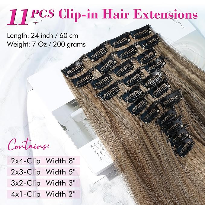REECHO Hair Extensions, 11PCS Clip in Hair Extensions 24" Long Straight hair extensions HE005 Natural Soft Synthetic Hairpieces for Women – Chocolate Brown with Highlights