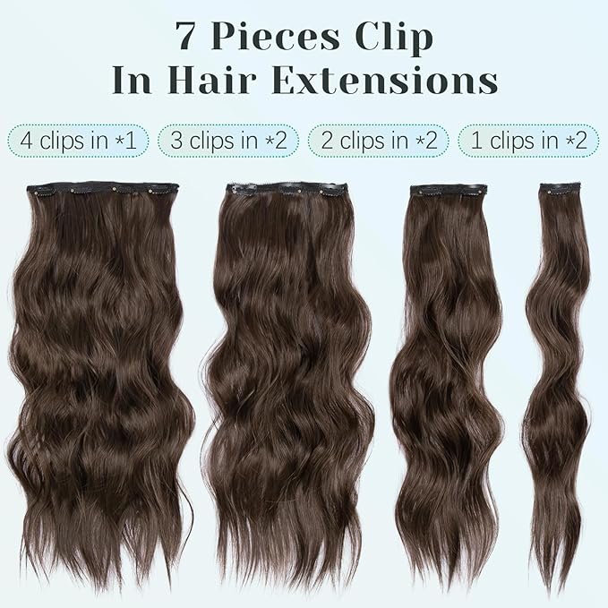 KooKaStyle Clip in Hair Extensions for Women with Thinning Hair，7PCS 20 Inch Thick Long Wavy Hair Extensions Clip Ins，Chocolate Brown with Dark Brown Synthetic Hairpiece for Daily Use Voluminous Look