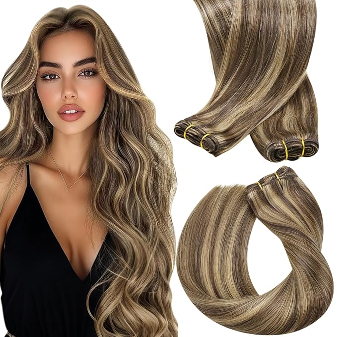 Sunny Hair Weft Hair Extensions Human Hair 18inch 120g Sew in Hair Extensions Real Human Hair Dark Brown Highlights Caramel Blonde Human Hair Extensions Sew in Full Head Thickness