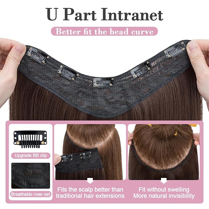 S-noilite One Piece Clip in Hair Extensions 18 Inch U-Shaped One Piece Hair Extensions Weft with 5 Clips Synthetic 3/4 Full Head Long Straight Medium Brown Thick Hairpieces for Women,#10B