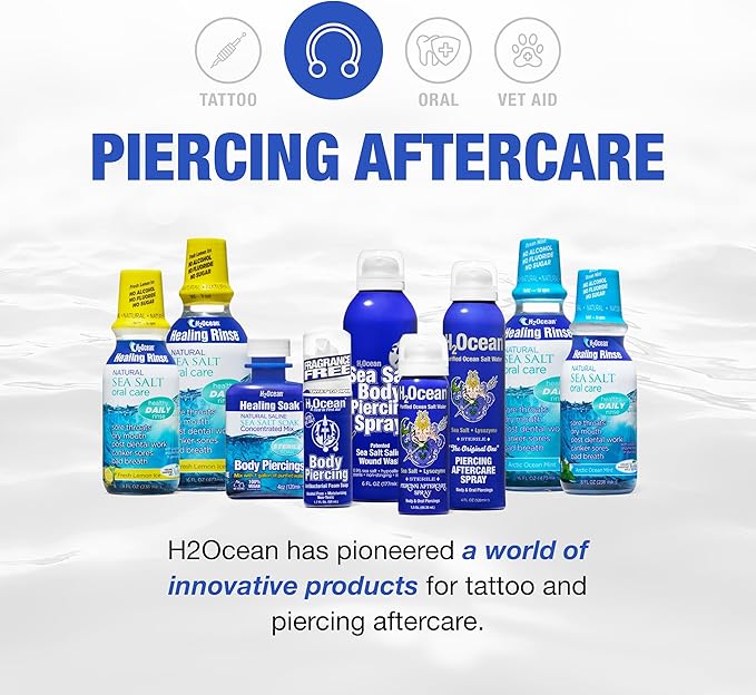 H2Ocean Healing Soak Piercing & Wound Sea Salt Bath - Sea Salt Saline Solution for Piercing & Wound Care - Soothing Aftercare for Body Piercings - 4 oz