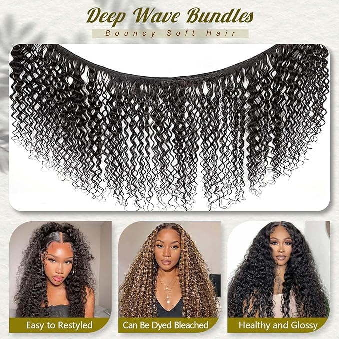 26 28 30 Inch Deep Wave Bundles Human Hair 3 Bundles 12A Grade 100% Unprocessed Brazilian Virgin Hair Bundles Wet and Wavy Bundles Double Weft Deep Wave Natural Black Color
