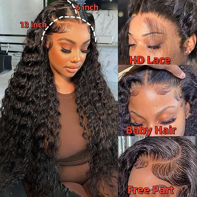 13x6 HD Transparent Lace Front Wigs Human hair Pre Plucked 200% Density Brazilian Water Wave Frontal Wigs Human Hair with Baby Hair Natural Hairline Natural Black Color 28 Inch