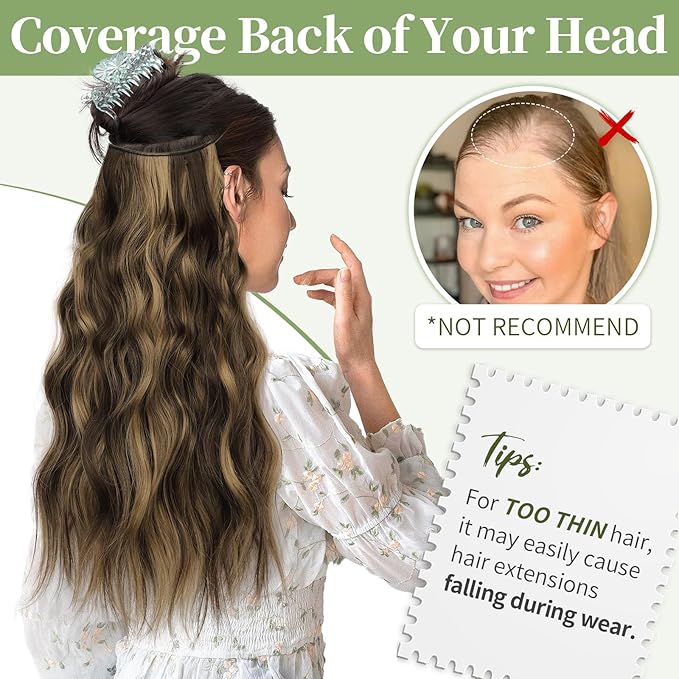 KooKaStyle Invisible Wire Hair Extensions with Transparent Headband Adjustable Size 4 Secure Clips Long Wavy Highlight Synthetic Hairpieces 20 Inch Balayage Chocolate Brown to Caramel Blonde for Women