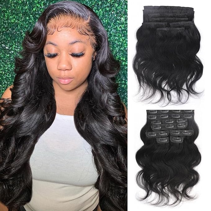 Body Wave Brazilian Clip in Hair Extensions Human Hair 8Pcs Remy Hair Extensions Clip ins for Black Women with 20 Clips 110g (16 Inch, Natural Black)
