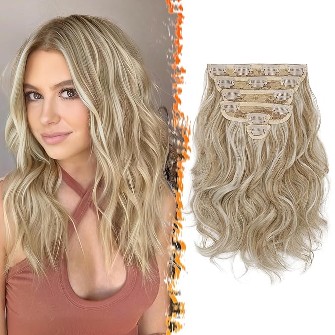 BARSDAR Short Wavy Clip in Hair Extensions - 12 Inch Blonde Clip in Hair Extensions for Women - 6PCs Thick Soft Synthetic Clip-ins Hairpieces Daily - Medium Blonde with Highlights
